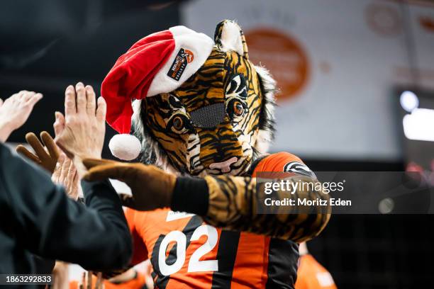 Mascot Charlie of BR Volleys celebrates the win after the game between the BR Volleys and Halkbank Ankara on December 20, 2023 in Berlin, Germany.