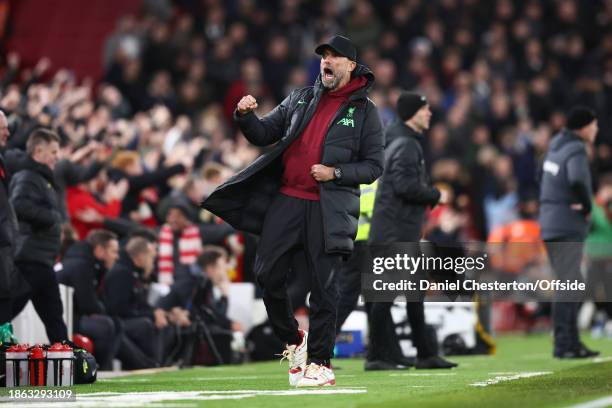 Liverpool manager Jurgen Klopp celebrates their first goal during the Carabao Cup Quarter Final match between Liverpool and West Ham United at...