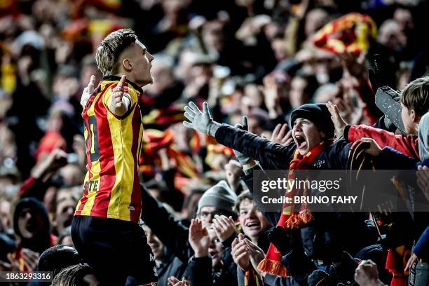 Mechelen's Norman Bassette celebrates after scoring during a soccer match between KV Mechelen and Standard de Liege Wednesday 20 December 2023 in...