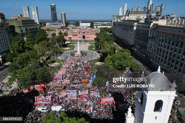 Aerial view of protesters at Plaza de Mayo Square during the first demonstration against the new government of Javier Milei in Buenos Aires, taken on...