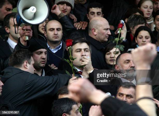 Georgia's President Mikhail Saakashvili talks to his supporters during the rally in Batumi, the capital of Adjara, 18 March 2004. Saakashvili...