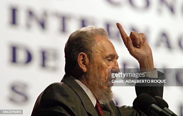 Cuban President Fidel Castro gives a speech, 06 February 2004 in Havana. Castro talks in front of 5,000 teachers and students in the Karl Marx...