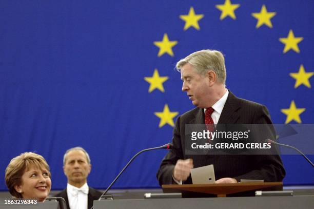 The President of the European Parliament Pat Cox talks to Ireland's President Mary McAleese during a session of the European Parliament in...