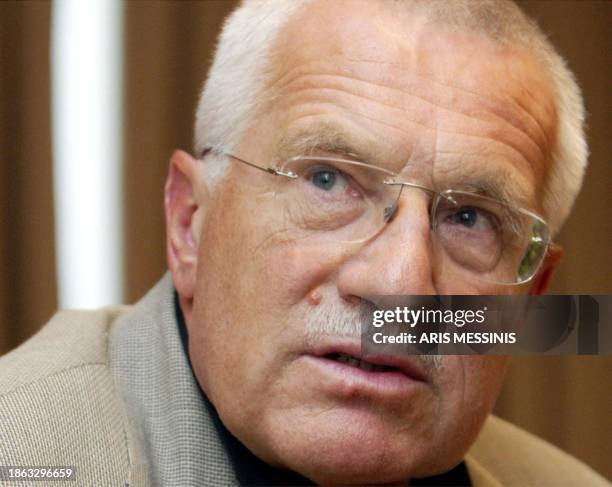 President of Czech Republic Vaclav Klaus speaks to the media during a press conference, 04 July 2003 in Athens. Klaus is in Greece on a three-day...
