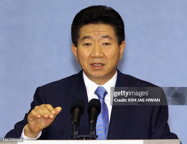 South Korean President Roh Moo-Hyun speaks during a press conference at the Presidential Blue House in Seoul, 21 July 2003. Roh proposed Monday that...