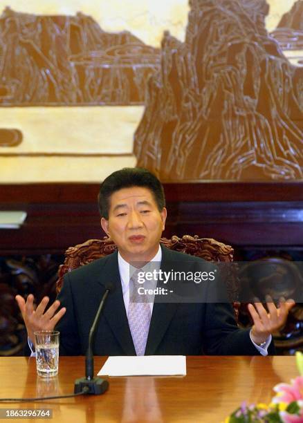 South Korean President Roh Moo-Hyun gestures during a joint press conference with Chinese President Hu Jintao at the Great Hall of the People in...