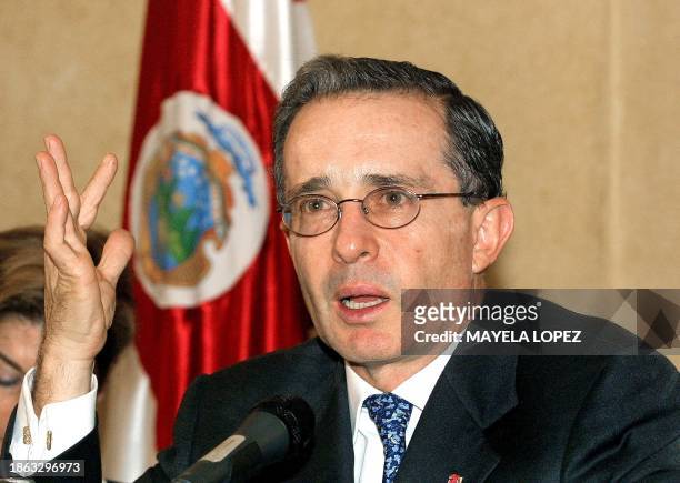 President of Colombia Alvaro Uribe talks during a press conference on 19 June 2003, in San Jose. Uribe, during his official visit to Costa Rica, made...