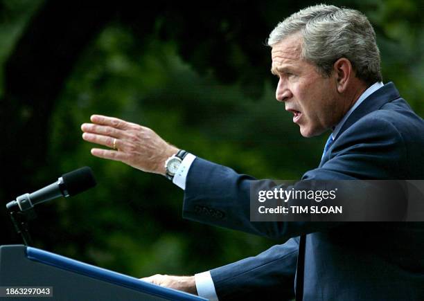 President George W. Bush speaks at a press conference in the Rose Garden of the White House 30 July in Washington, DC. Bush said he spoke to Chinese...