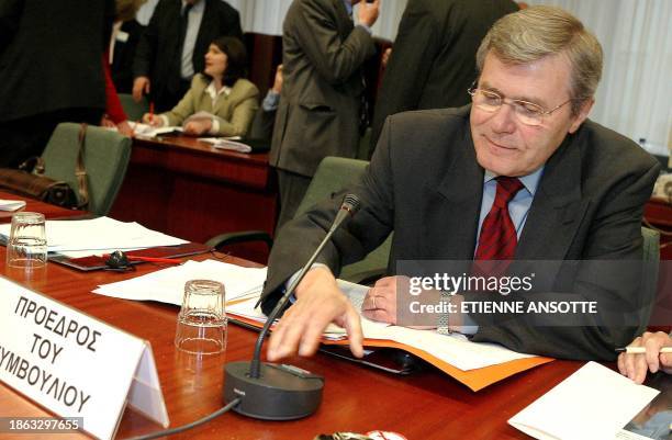 Chairman of health council Kostas Stefanis is pictured 06 May 2003, in Brussels, prior to the EU health council meeting on the SARS crisis.