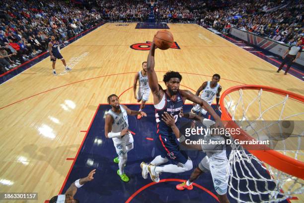 Joel Embiid of the Philadelphia 76ers drives to the basket during the game against the Minnesota Timberwolves on December 20, 2023 at the Wells Fargo...
