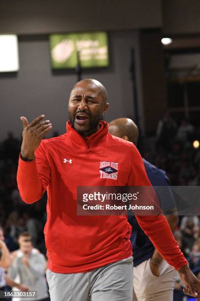 Head coach Mo Williams of the Jackson State Tigers calls over a player to speak to him during the first half of the game against the Gonazaga...