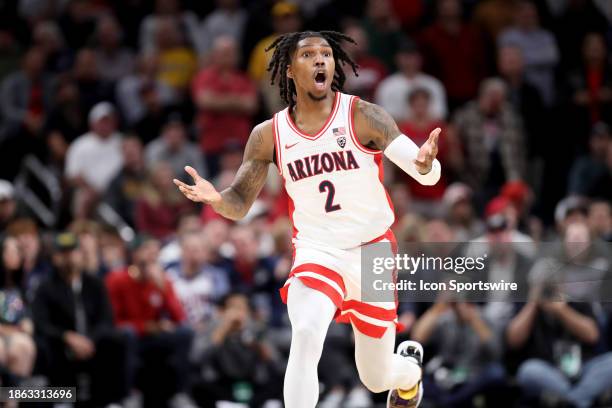 Arizona Wildcats guard Caleb Love questions a call during the second half of a men's basketball game between the Alabama Crimson Tide and the...