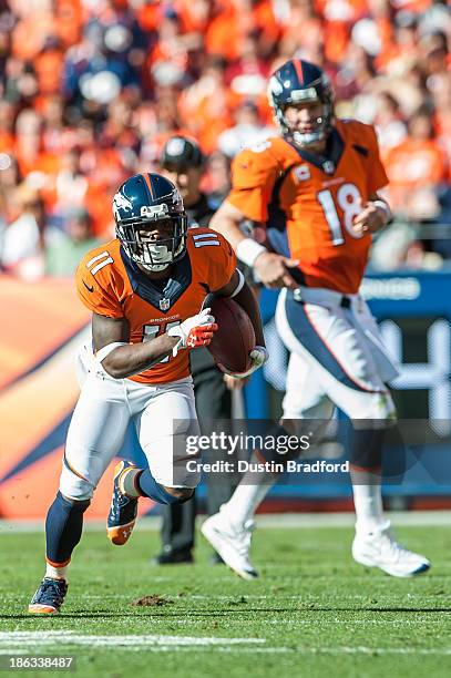 Wide receiver Trindon Holliday of the Denver Broncos rushes against the Washington Redskins during a game at Sports Authority Field Field at Mile...