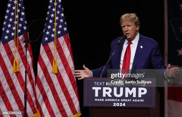 Republican Presidential candidate former U.S. President Donald Trump delivers remarks during a campaign rally at the Reno-Sparks Convention Center on...