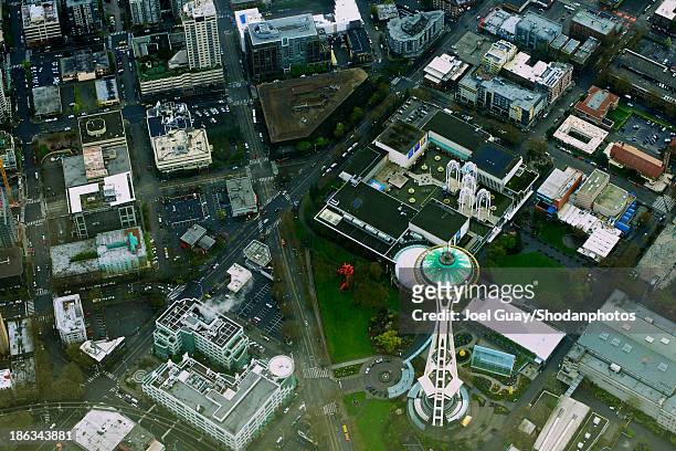 space needle and seattle aerial - seattle aerial stock pictures, royalty-free photos & images