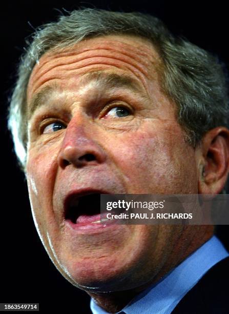 President George W. Bush delivers remarks at a Bush-Cheney 2004 fundraising event 29 January 2004, at the Hyatt Regency Hotel in Greenwich,...