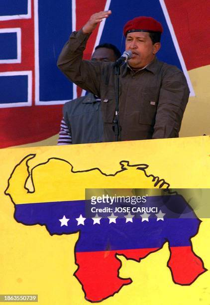 Venezuelan President Hugo Chavez speaks to supporters in Caracas, 07 December 2002. Chavez said a six-day strike had severely curbed oil-production...