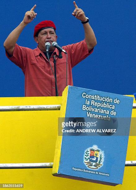 Venezuelan President Hugo Chavez delivers a speech during the demonstration which kicked off their campaign to defeat a planned referendum on his...