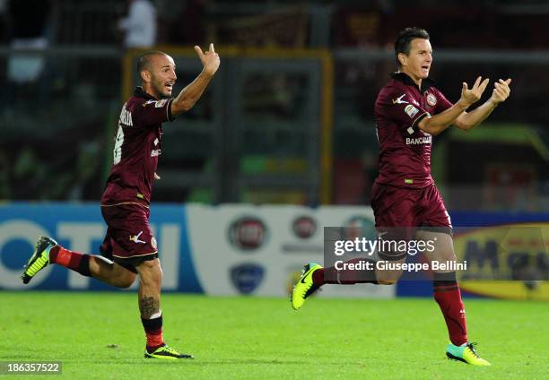 Ramos Emerson of Livorno celebrates after scorng the goal 3-2 during the Serie A match between AS Livorno Calcio v Torino FC at Stadio Armando Picchi...