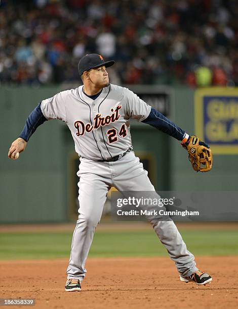 Miguel Cabrera of the Detroit Tigers throws after fielding the ball during Game Six of the American League Championship Series against the Boston Red...