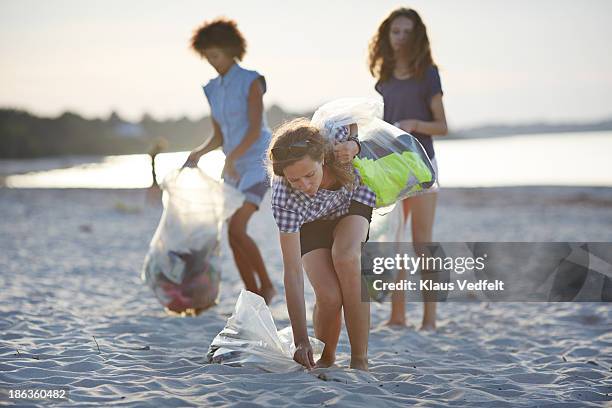 group of people collecting trash on beach - volunteer beach photos et images de collection