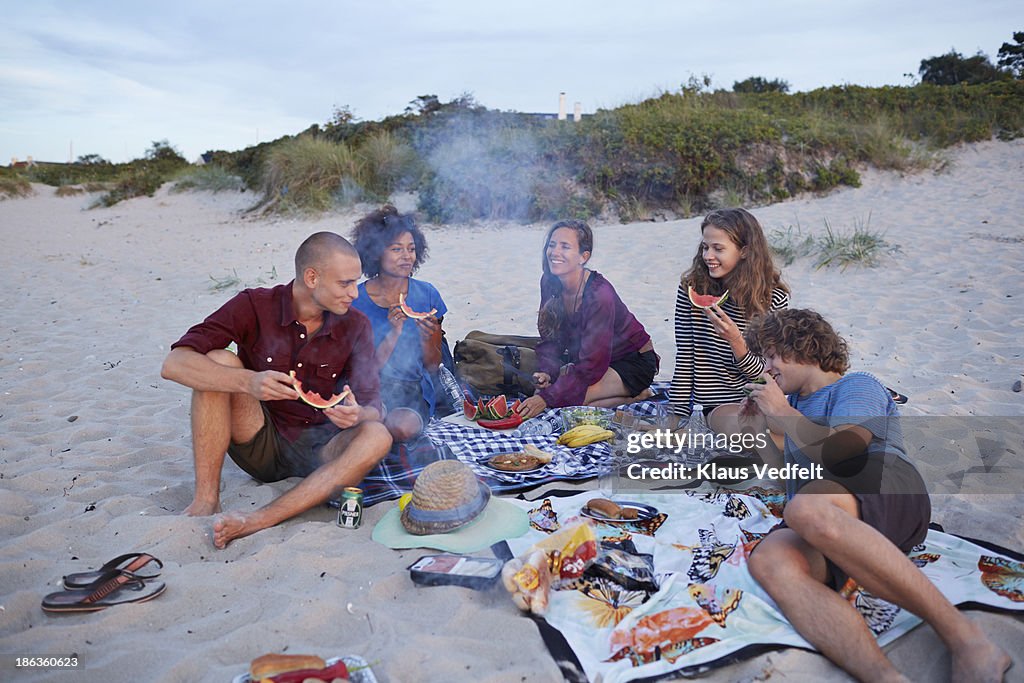 Teen group and mother having picnic on beach