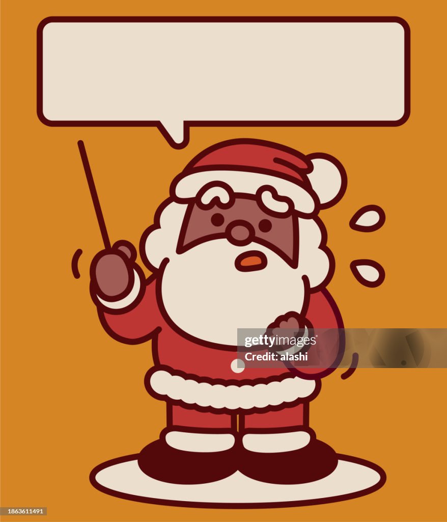 Adorable black Santa Claus holding a conductor's baton or a teacher's pointer stick talks worriedly