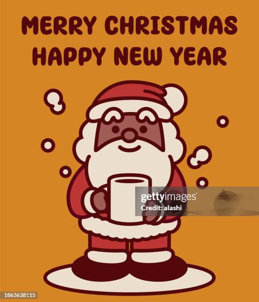 adorable black santa claus drinks coffee or tea and wishes you a merry christmas and a happy new year - breakfast with view stock illustrations