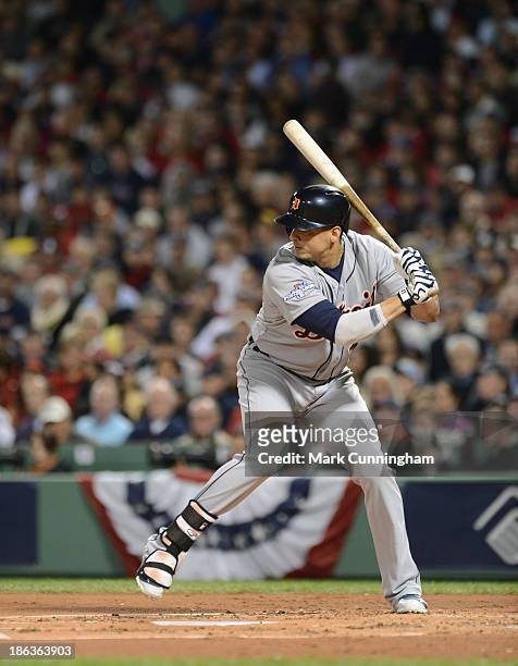 Victor Martinez of the Detroit Tigers bats during Game Six of the American League Championship Series against the Boston Red Sox at Fenway Park on...