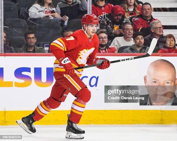 Yegor Sharangovich of the Calgary Flames in action against the Tampa Bay Lightning during an NHL game at Scotiabank Saddledome on December 16, 2023...