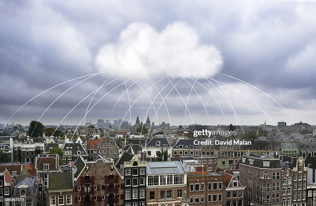 Cloud computing connecting buildings in a city