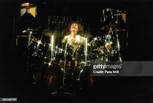 Drummer Neil Peart of Rush performs on stage at Hammersmith Odeon, on February 20th, 1978 in London, England.