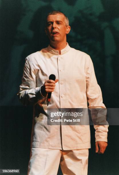 Neil Tennant of The Pet Shop Boys performs on stage during their 'Somewhere' shows, at The Savoy Theatre on June 10th, 1997 in London, England.