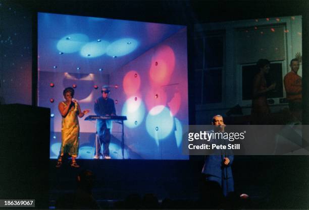 Chris Lowe and Neil Tennant of The Pet Shop Boys perform their 'Somewhere' show on stage, at The Savoy Theatre on June 10th, 1997 in London, England.