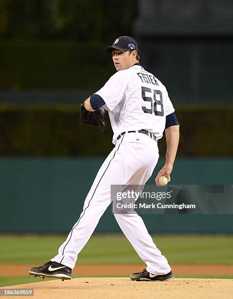 Doug Fister of the Detroit Tigers pitches during Game Four of the American League Championship Series against the Boston Red Sox at Comerica Park on...