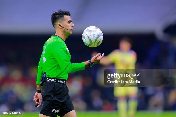Adonai Escobedo, central referee, gestures during the final second leg match between America and Tigres UANL as part of the Torneo Apertura 2023 Liga...