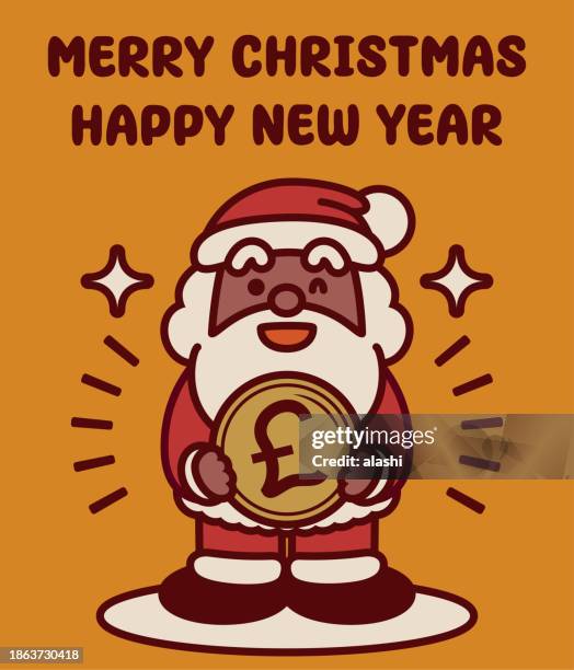 bildbanksillustrationer, clip art samt tecknat material och ikoner med adorable black santa claus carrying money wishes you a merry christmas and a happy new year - saving up for a rainy day engelskt uttryck