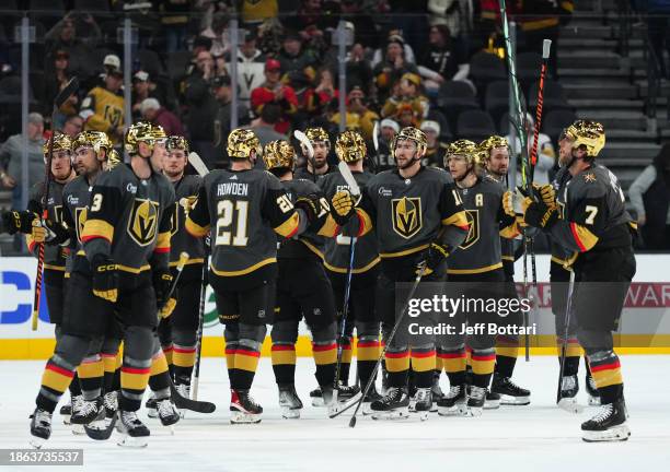 The Vegas Golden Knights celebrate after a victory against the Ottawa Senators at T-Mobile Arena on December 17, 2023 in Las Vegas, Nevada.