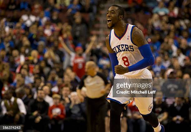 Guard Tony Wroten of the Philadelphia 76ers reacts after making a basket against the Miami Heat on October 30, 2013 at the Wells Fargo Center in...