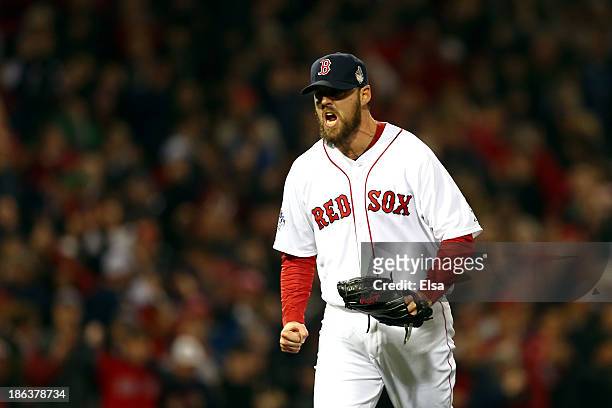 John Lackey of the Boston Red Sox celebrates a strikeout in the fourth inning against the St. Louis Cardinals during Game Six of the 2013 World...