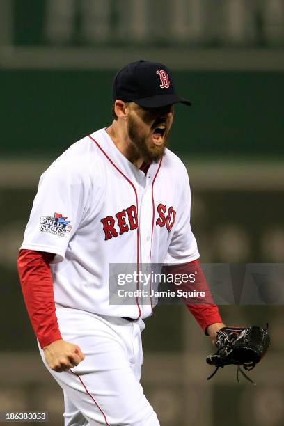 John Lackey of the Boston Red Sox celebrates a strikeout in the fourth inning against the St. Louis Cardinals during Game Six of the 2013 World...