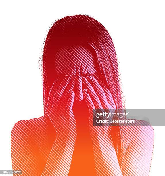stressed out woman covering face in hands - grief stock illustrations