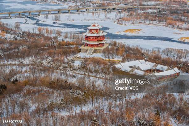 Aerial view of the snow scenery of the Summer Palace on December 15, 2023 in Beijing, China.