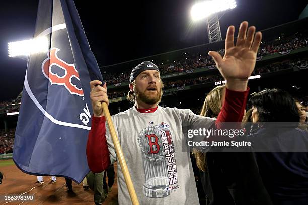 Ryan Dempster of the Boston Red Sox celebrates on the field after a 6-1 victory over the St. Louis Cardinals in Game Six of the 2013 World Series at...