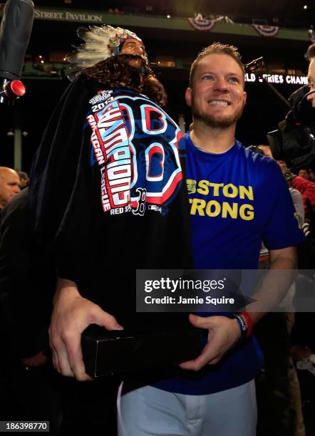 Jake Peavy of the Boston Red Sox celebrates following a 6-1 victory over the St. Louis Cardinals in Game Six of the 2013 World Series at Fenway Park...