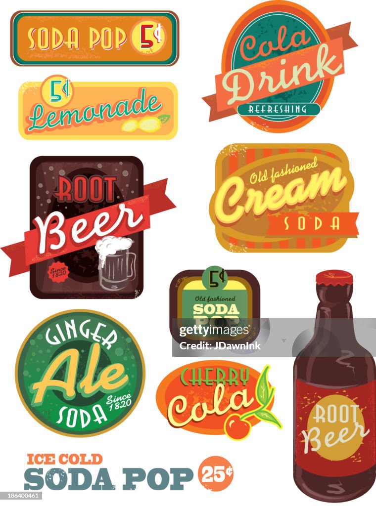 Soda tocco Vintage set di etichette su sfondo bianco