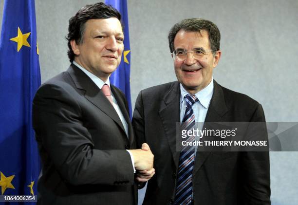 The newly nominated president of the European Commission Jose Manuel Durao Barroso is welcomed by the president of the European Commission Romano...