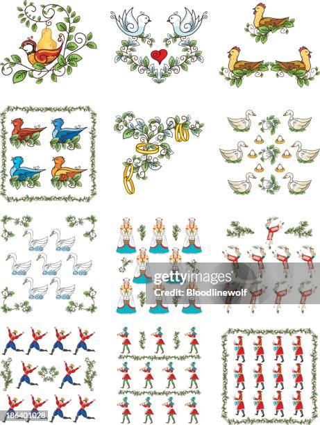 ilustraciones, imágenes clip art, dibujos animados e iconos de stock de the twelve days of christmas set-illustration - the twelve days of christmas