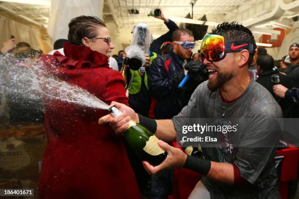 Jacoby Ellsbury of the Boston Red Sox celebrates in the locker room after defeating the St. Louis Cardinals 6-1 in Game Six of the 2013 World Series...