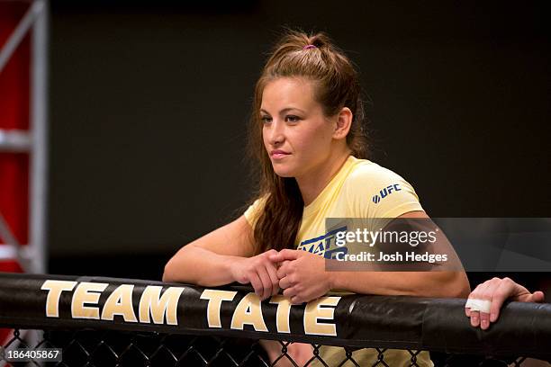 Coach Miesha Tate stands in the corner of Sarah Moras before her preliminary fight against Peggy Morgan during filming of season eighteen of The...